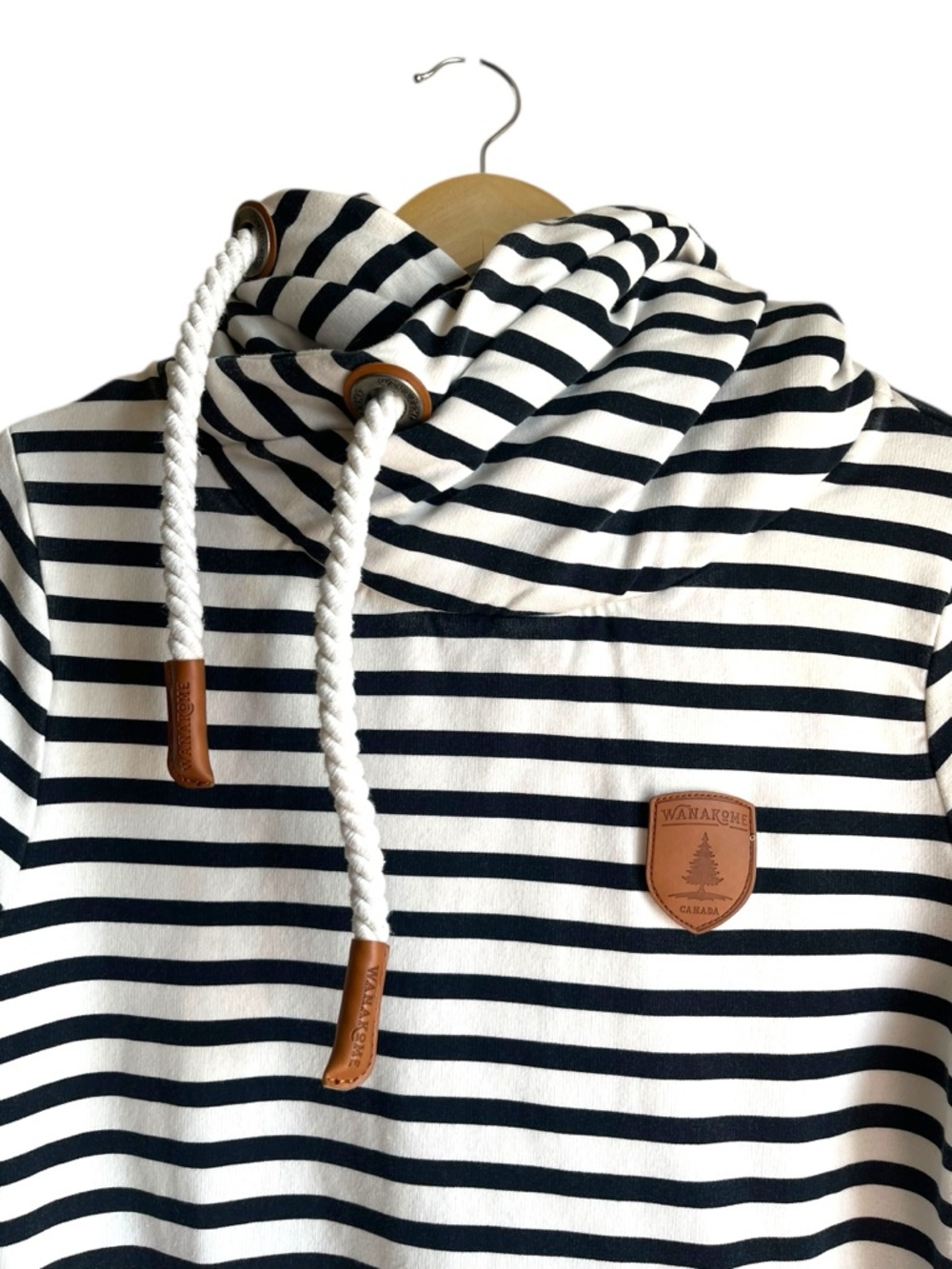 Wanakome Navy Ivory Stripe Cowl Neck Hoodie XS Terry Pullover - Picture 3 of 15
